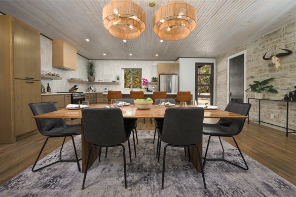 Beautifully designed dining space overlooking the living room—ideal for group stays at our Broken Bow vacation rental