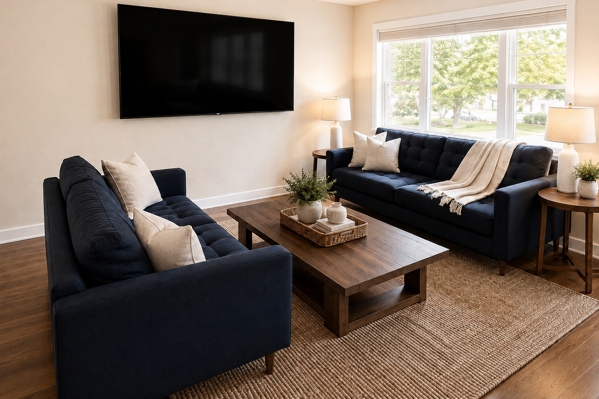 Bright living room with comfortable seating, large TV, and plenty of natural light