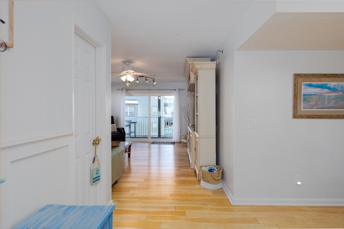 A view of the living area from the hallway
