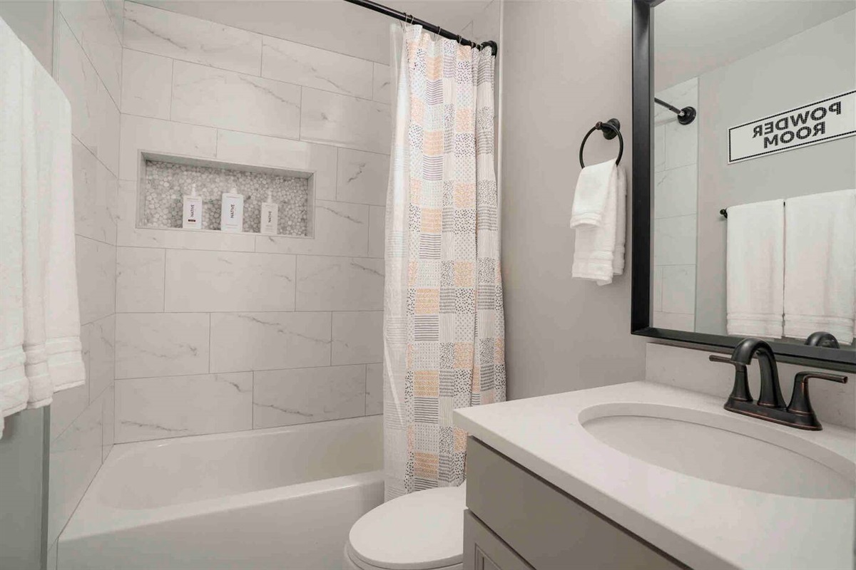 Modern remodeled bathroom, with style and comfort in mind. Full sized tub and shower.