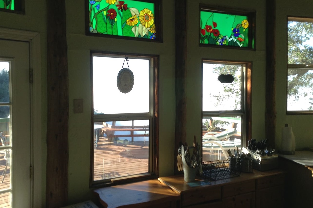 Stained glass windows line the top views