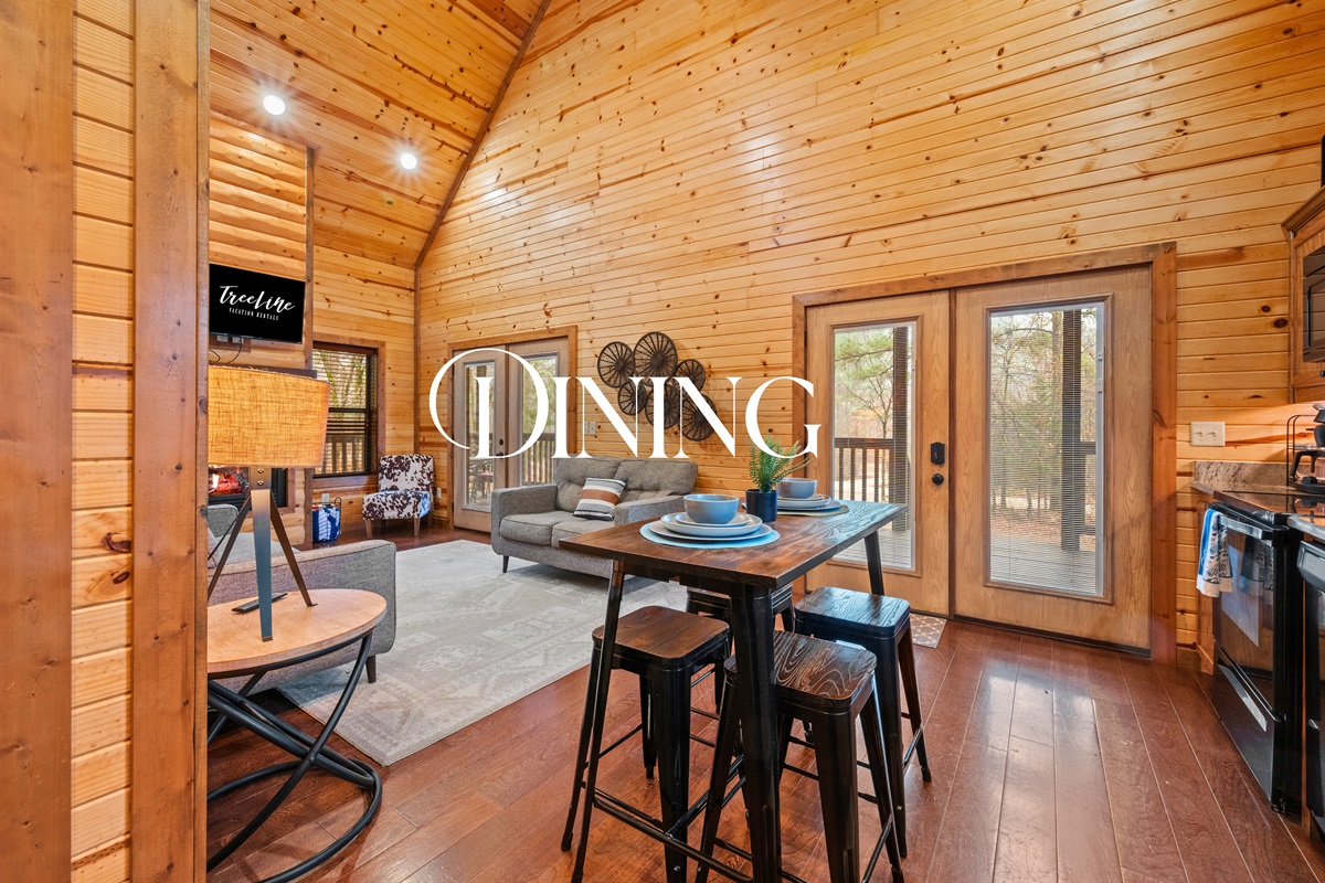 The dining area provides a comfortable place to gather for meals, board games, or lingering conversations late into the evening.