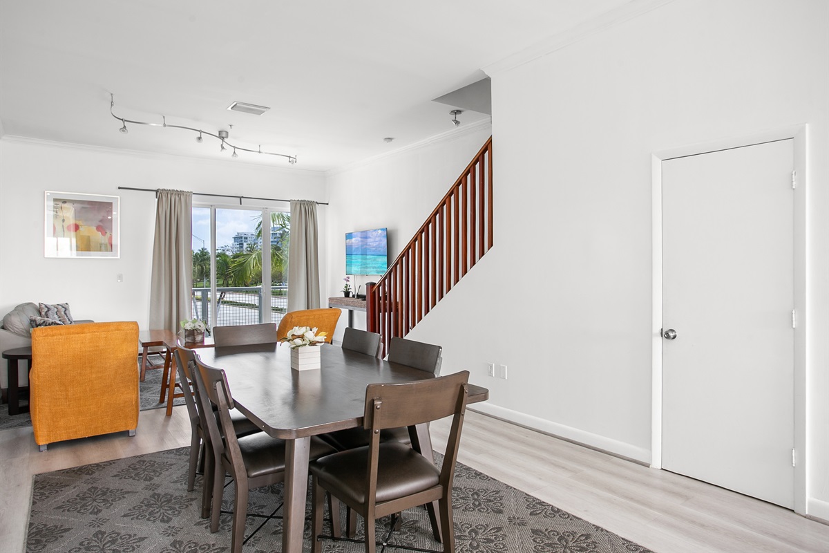 Large dining table with comfortable seating for six