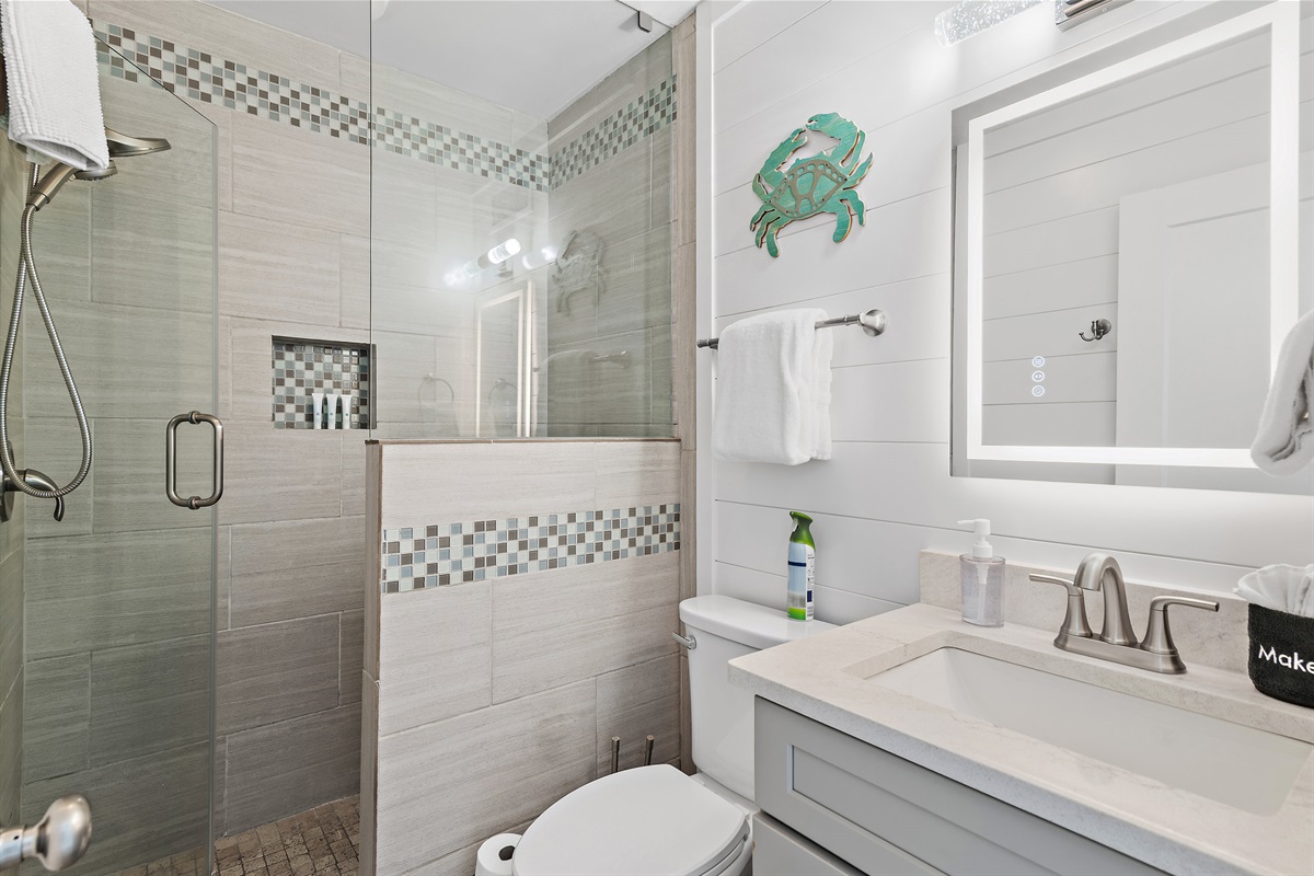 Costa Del Sol A-9: Bathroom for Bedroom 1 - Remodeled with Walk in Shower, new vanity, and back lit mirror!