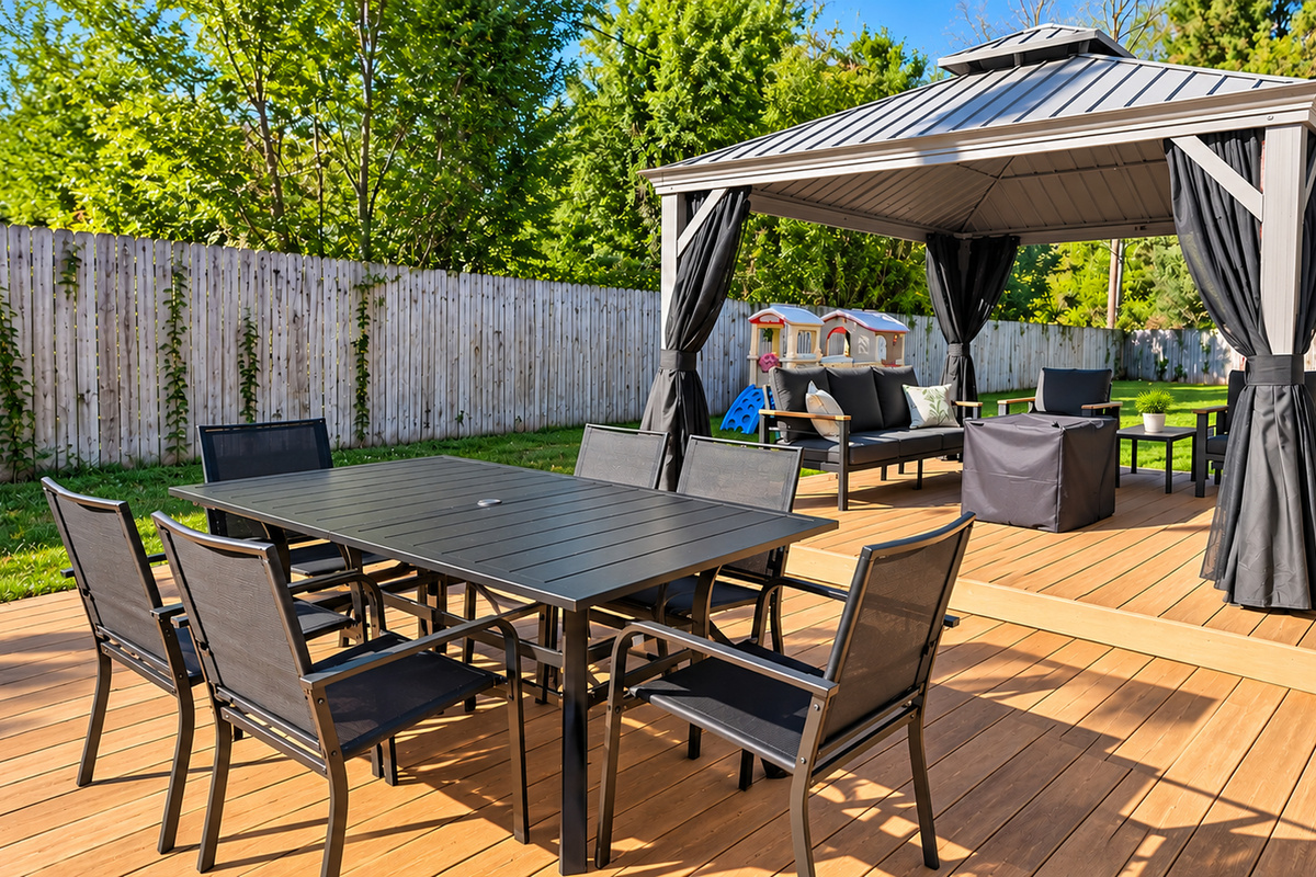 Your private backyard retreat! Enjoy outdoor dining, comfortable lounge seating beneath the covered gazebo, and a spacious deck overlooking the fully fenced yard. Perfect for gathering before or after the game.
