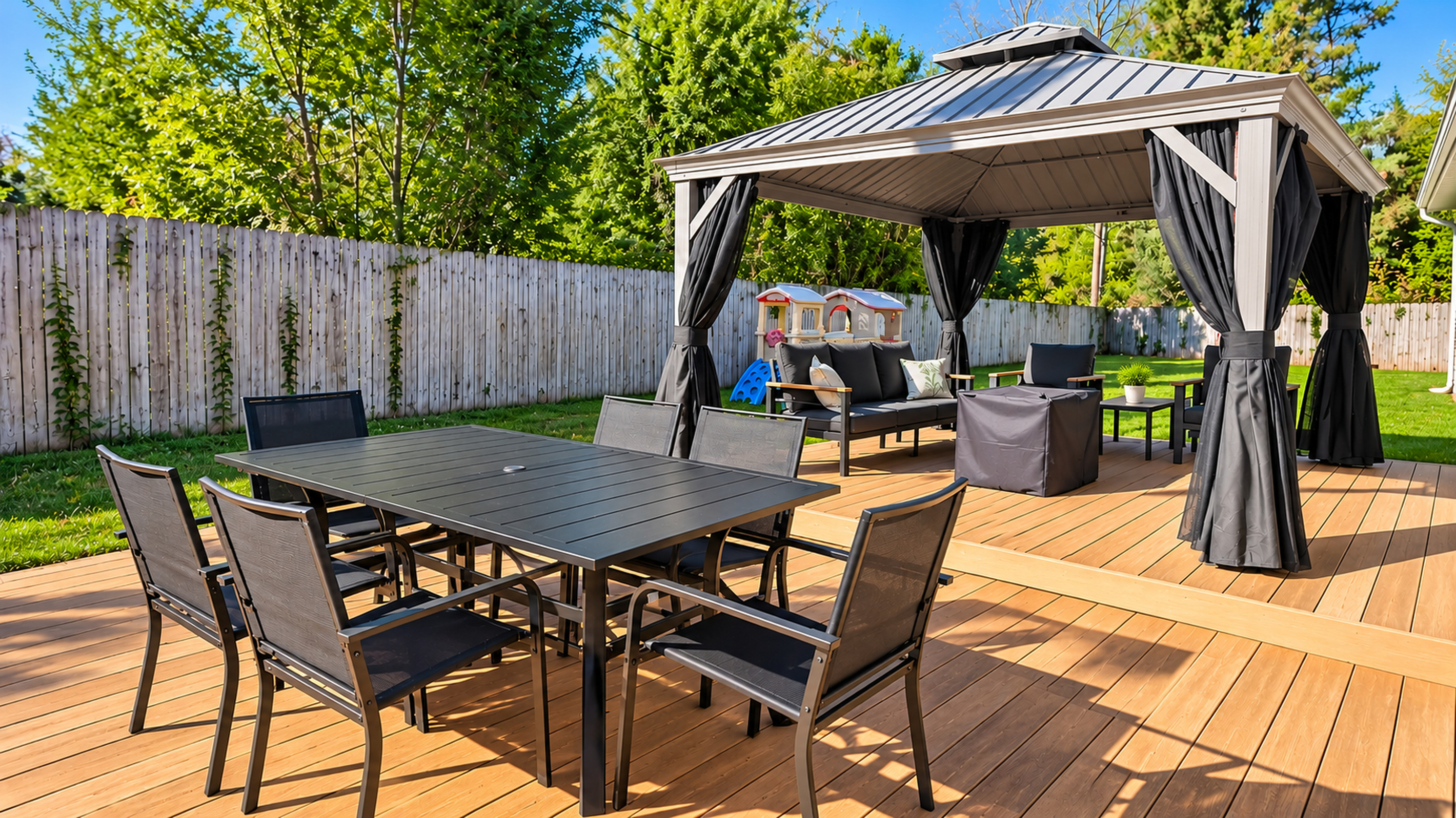 Your private backyard retreat! Enjoy outdoor dining, comfortable lounge seating beneath the covered gazebo, and a spacious deck overlooking the fully fenced yard. Perfect for gathering before or after the game.