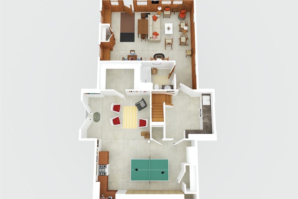 The Lower (Walkout Basement) Level with Bathroom, Sitting Rooms, Kitchenette area and Ping-Pong Table.