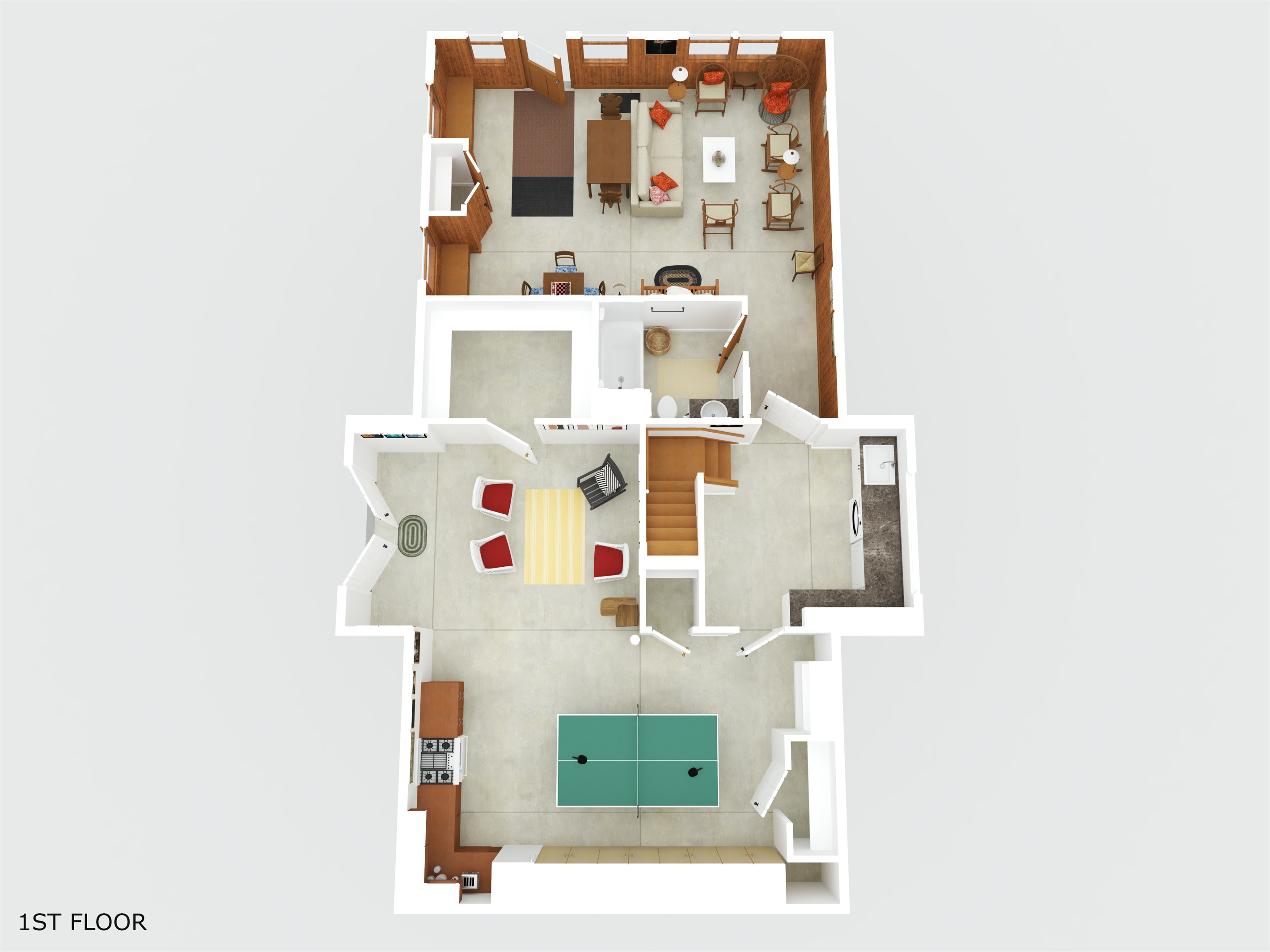 The Lower (Walkout Basement) Level with Bathroom, Sitting Rooms, Kitchenette area and Ping-Pong Table.