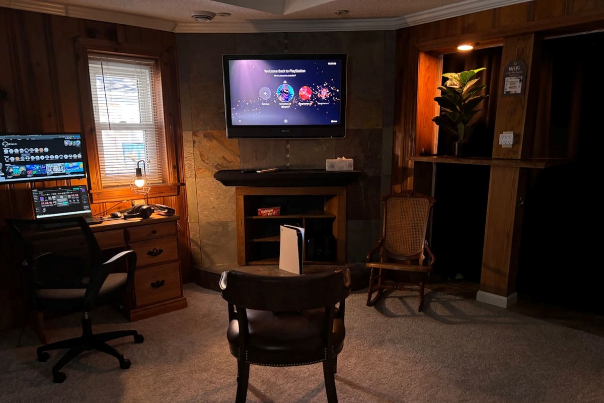 Living room doubles as a game/multi-media room with room darkening shades and room dividing curtain to add privacy both ways. Easy access HDMI cable and outlet for any game system (PS5 and PC not included, just for example). Takes all HDMI devices.