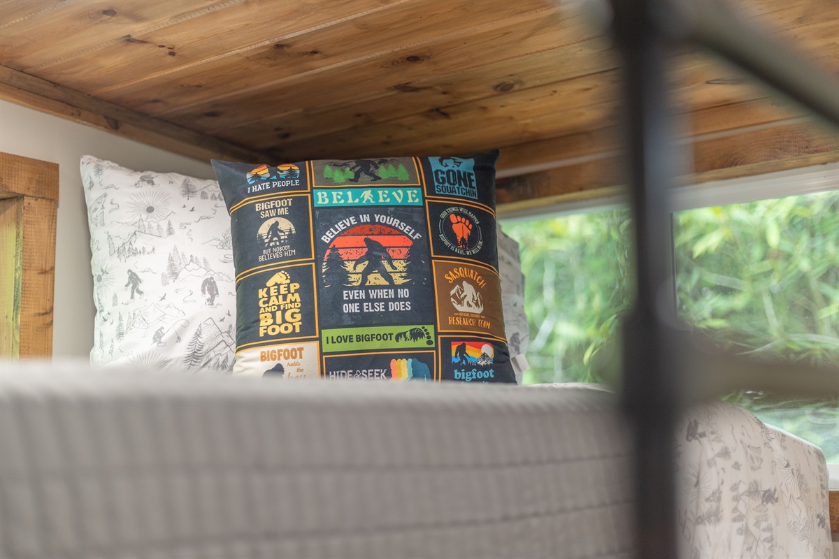 Even the loft spaces carry the fun Bigfoot theme throughout the bungalow.
