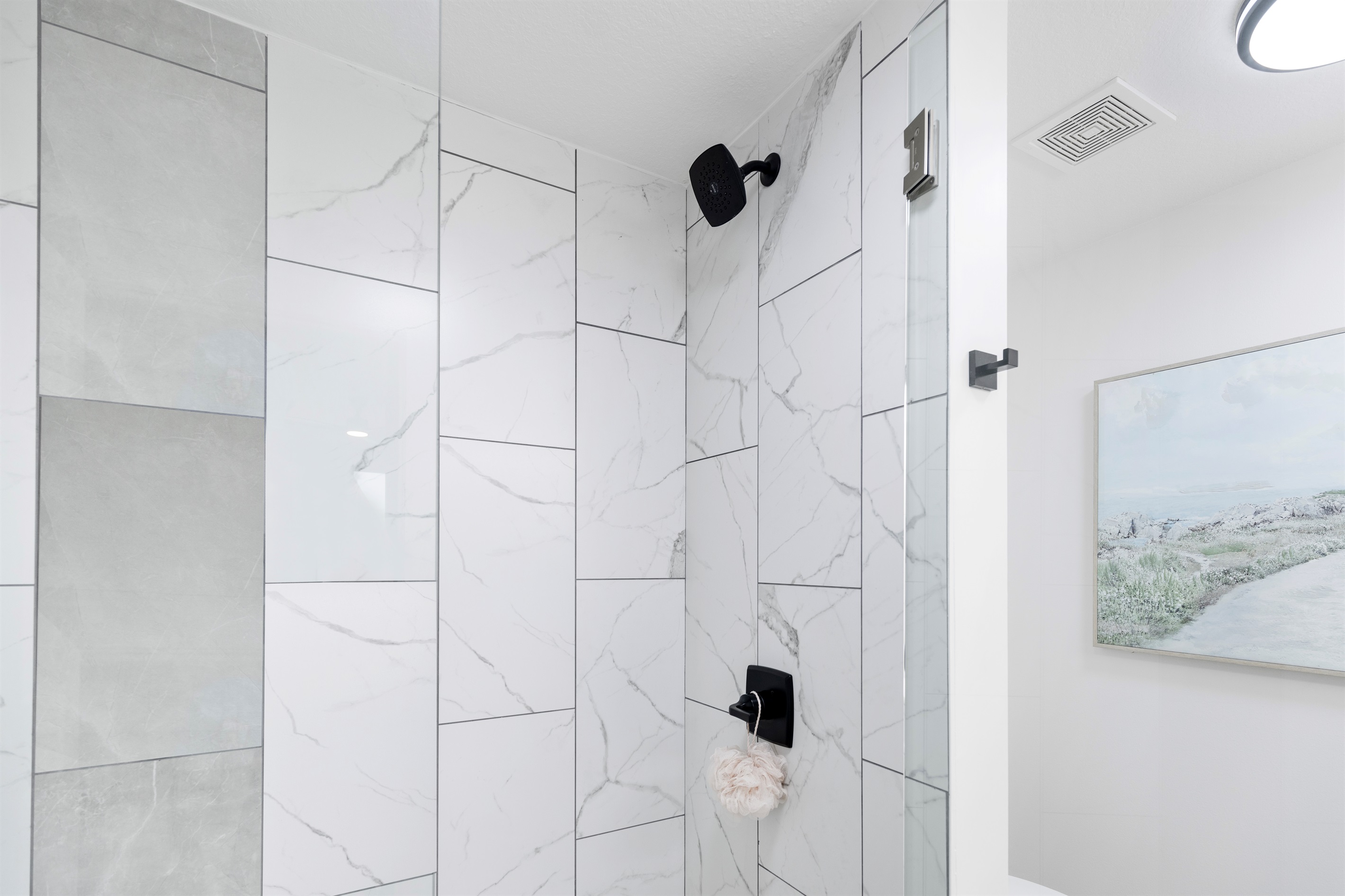 Primary Bathroom + Double Vanity + Walk In Shower