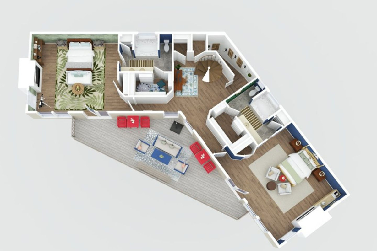 Here’s the upper-level floor plan—both Primary Suite Bedrooms are equally spacious and generously sized, designed as mirror images of each other. These two primaries share access to the Upper Level Deck.