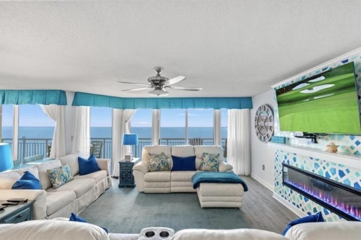 Standing in the game room looking out towards the ocean views