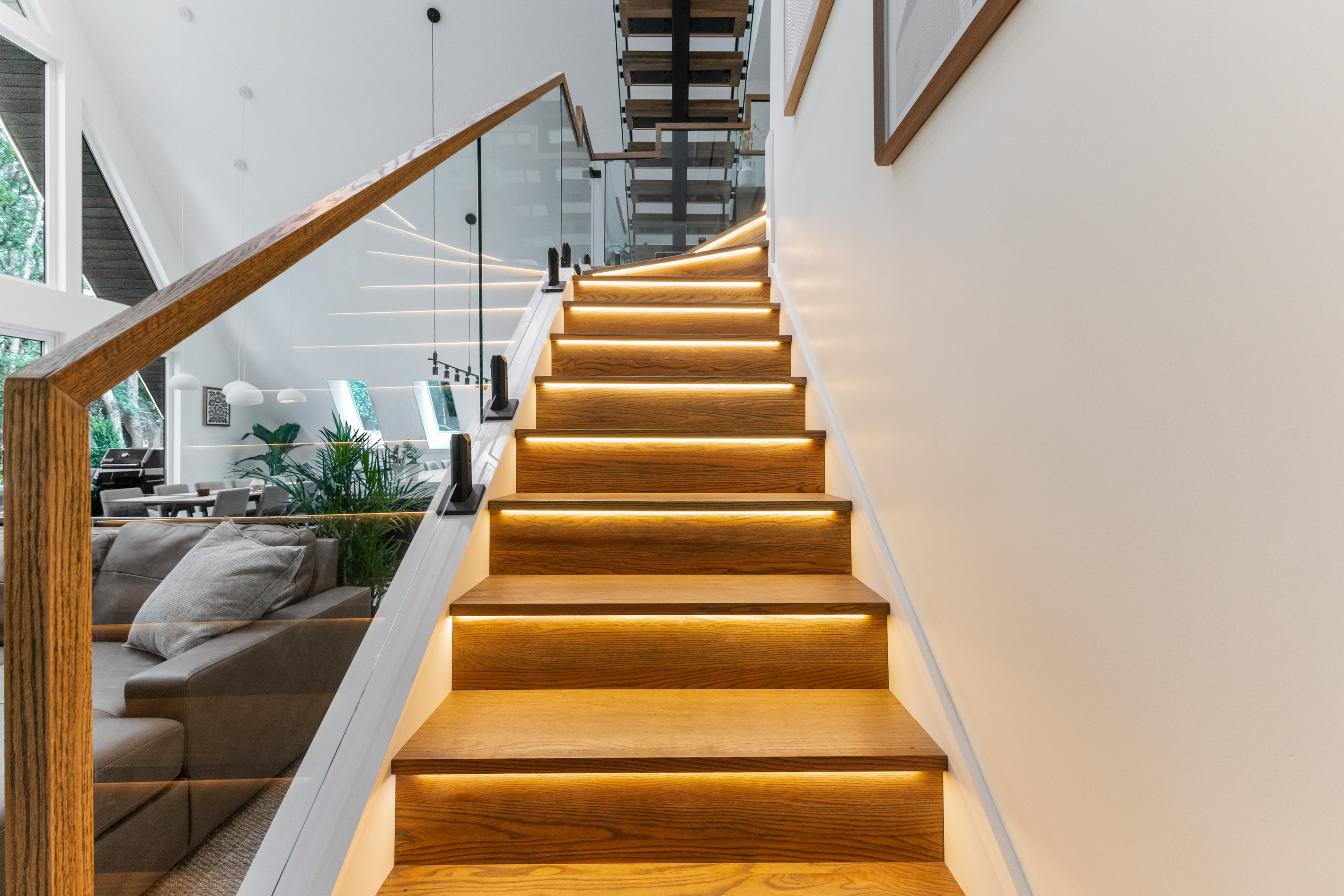 Floating stairs, lit tread by tread