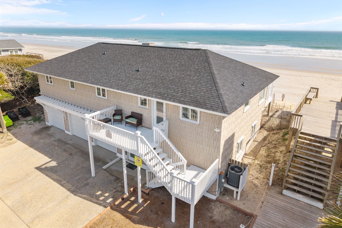 A patio on the front side