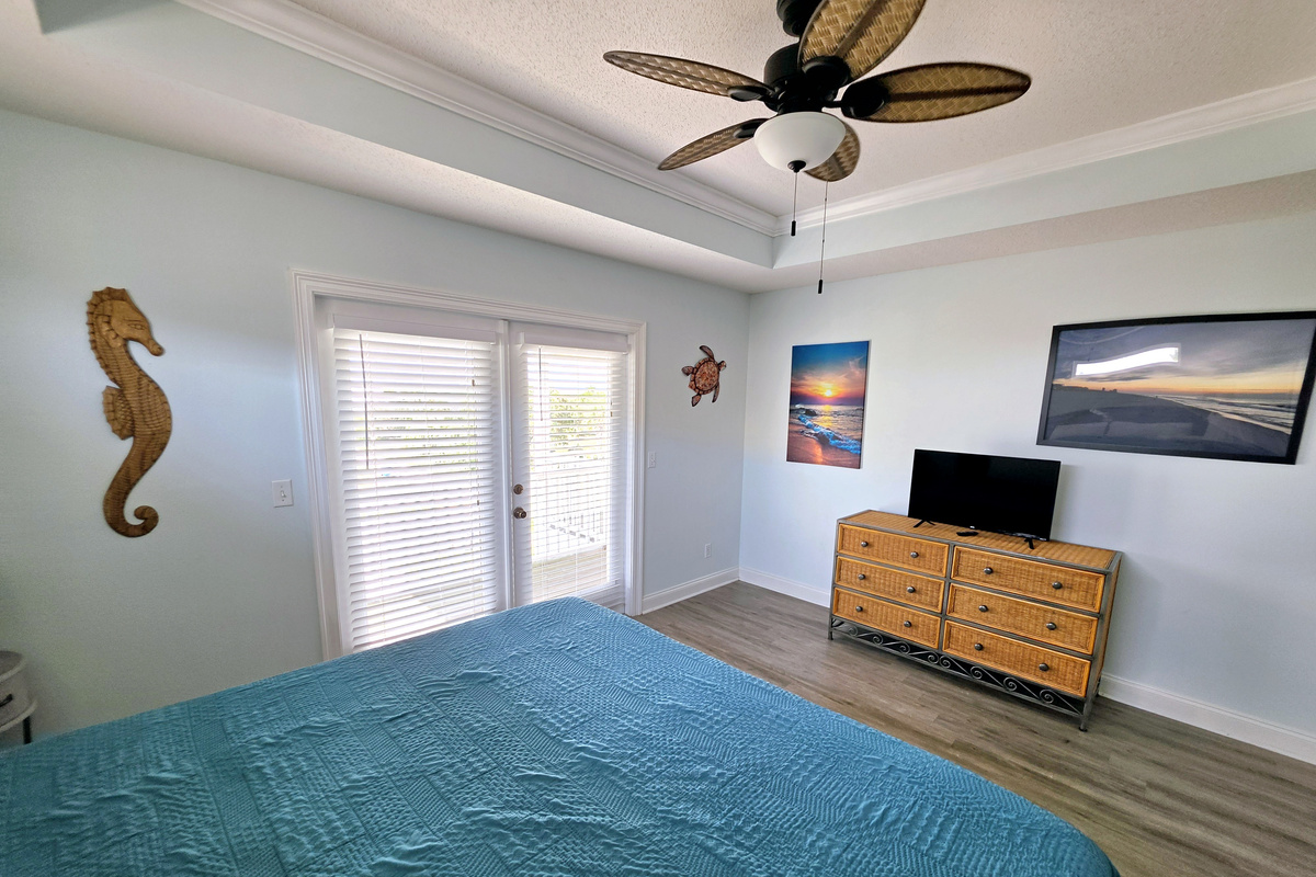 Primary bedroom with TV and ceiling fan