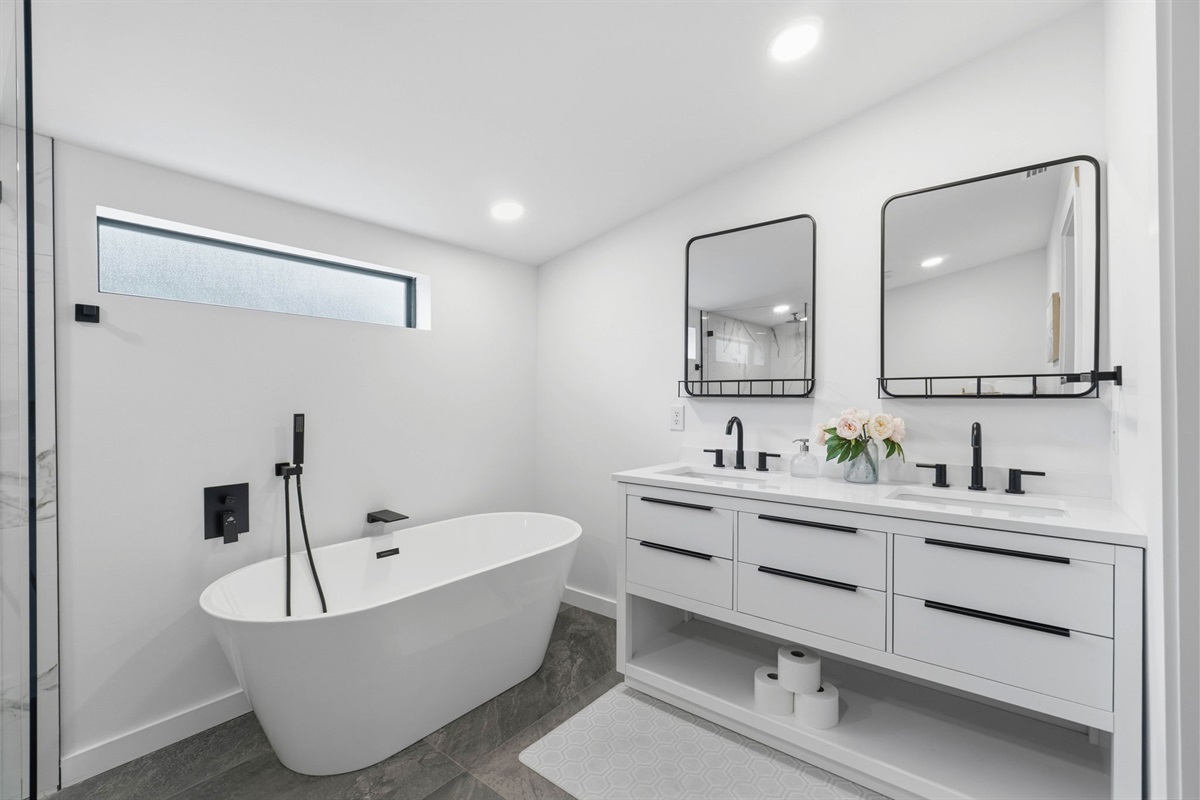 Small Serenity 2's Master Bedrooms Private Remodeled Bathroom with walk in shower, soaker tub