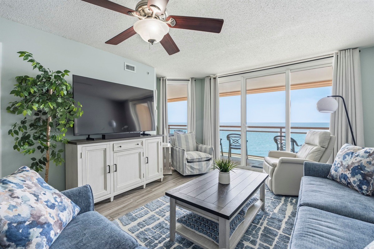 Gorgeous Living Room with beautiful oceanview, all new furniture, Samsung Smart TV and blackout curtains.  This is the Penthouse Suite with beautiful unencumbered views of the ocean.