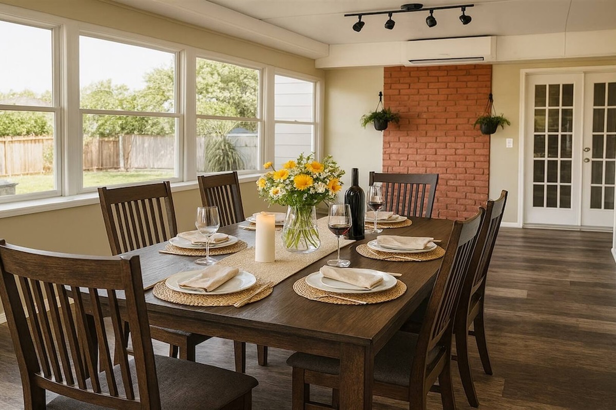SunRoom - Bright dining room with brick fireplace and large windows overlooking the yard