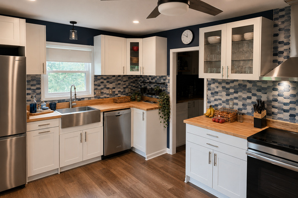 Fully equipped kitchen with generous counter space, stainless appliances and easy access to the dining area.