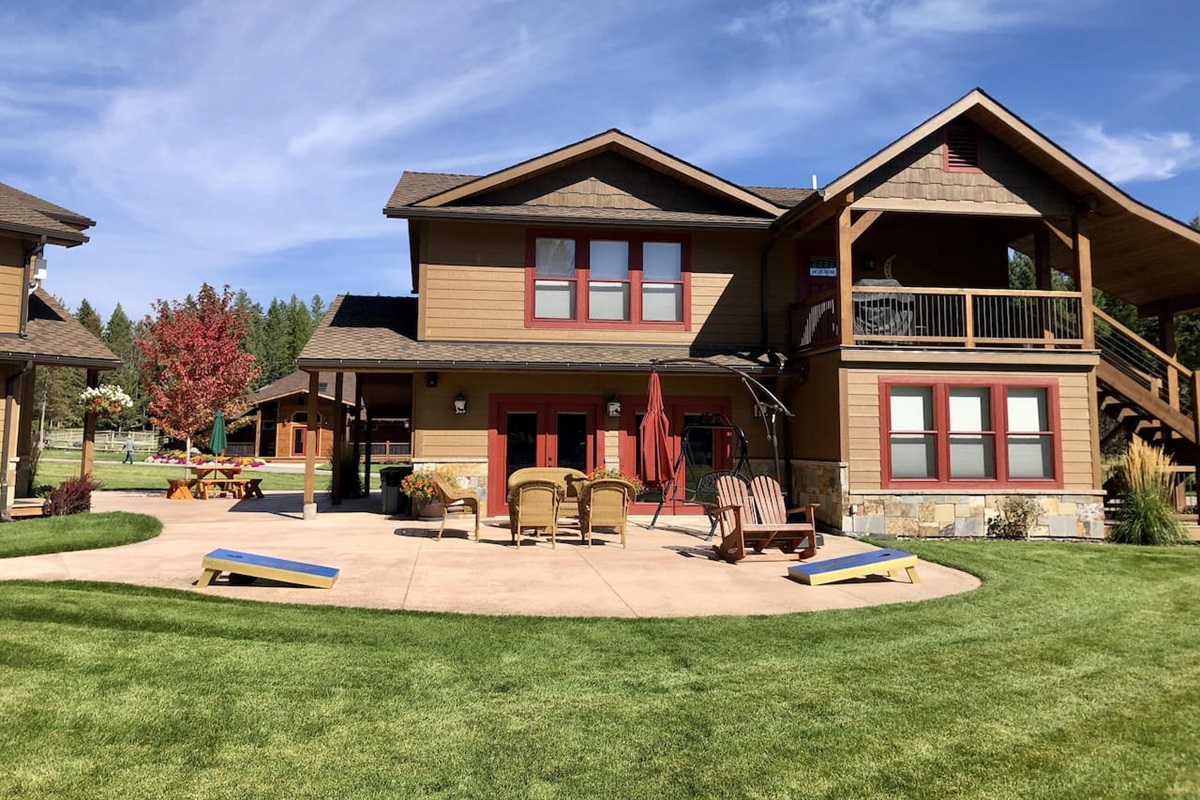 Shared patio and cornhole games