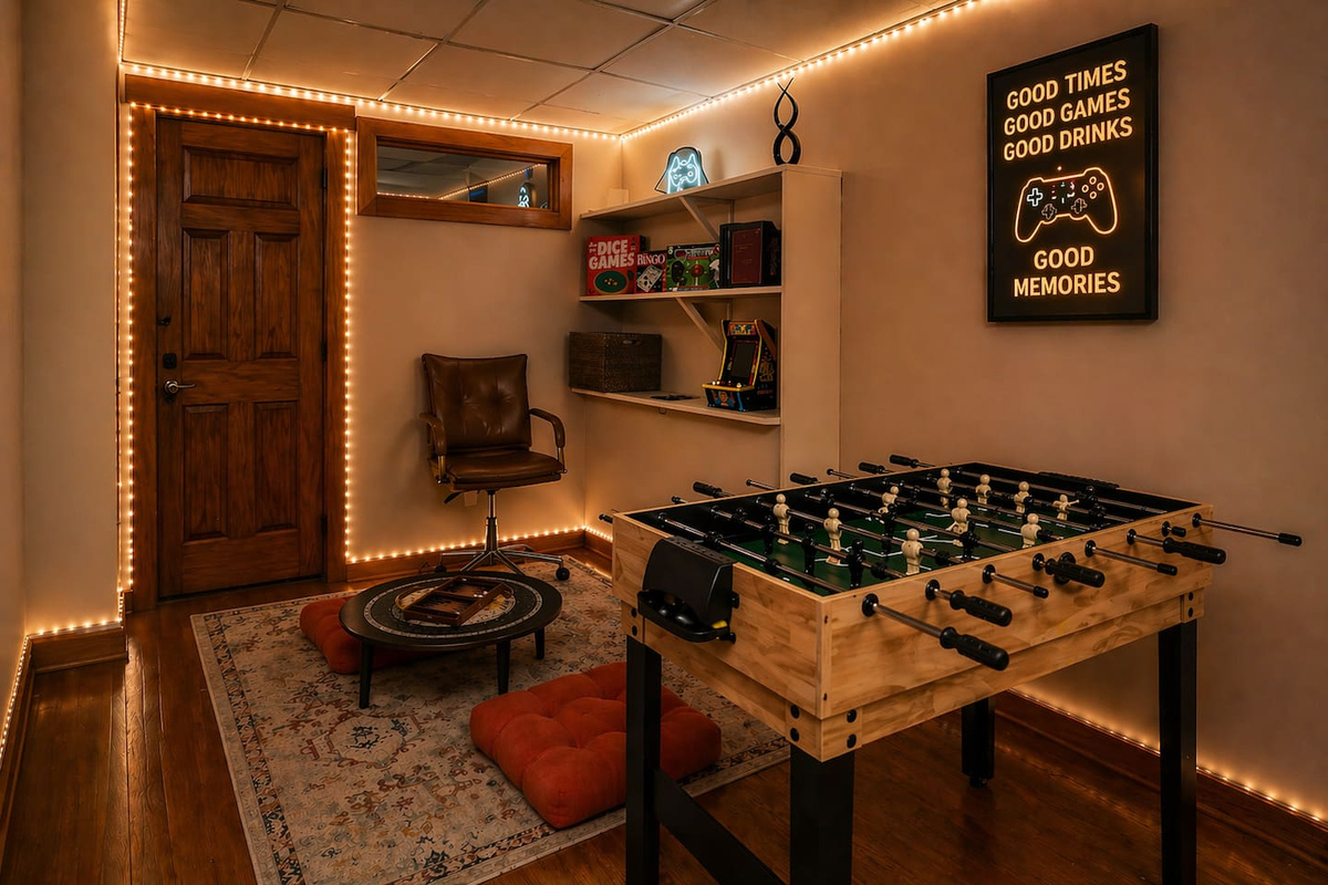 Fun-filled game room with foosball, Pac-Man arcade, board games, puzzles, domino, and cornhole—relax on floor pillows or gather around for game nights, creating the perfect space for entertainment, laughter, and unforgettable moments for all ages
