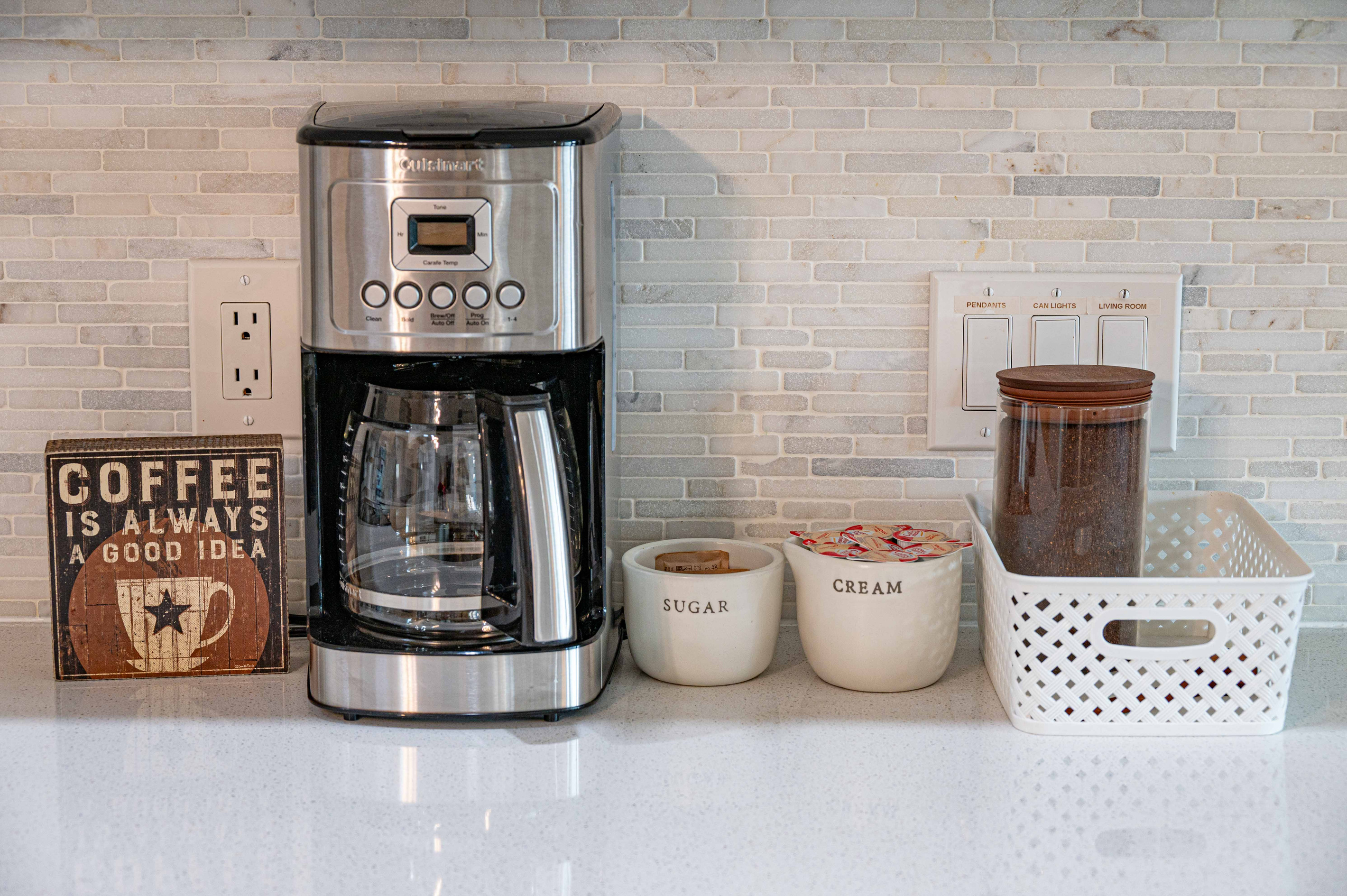 {Coffee & Tea Station} Retro-inspired coffee bar stocked with a kettle, French press, Keurig, and drip coffee plus all the essentials for an easy start to your day.