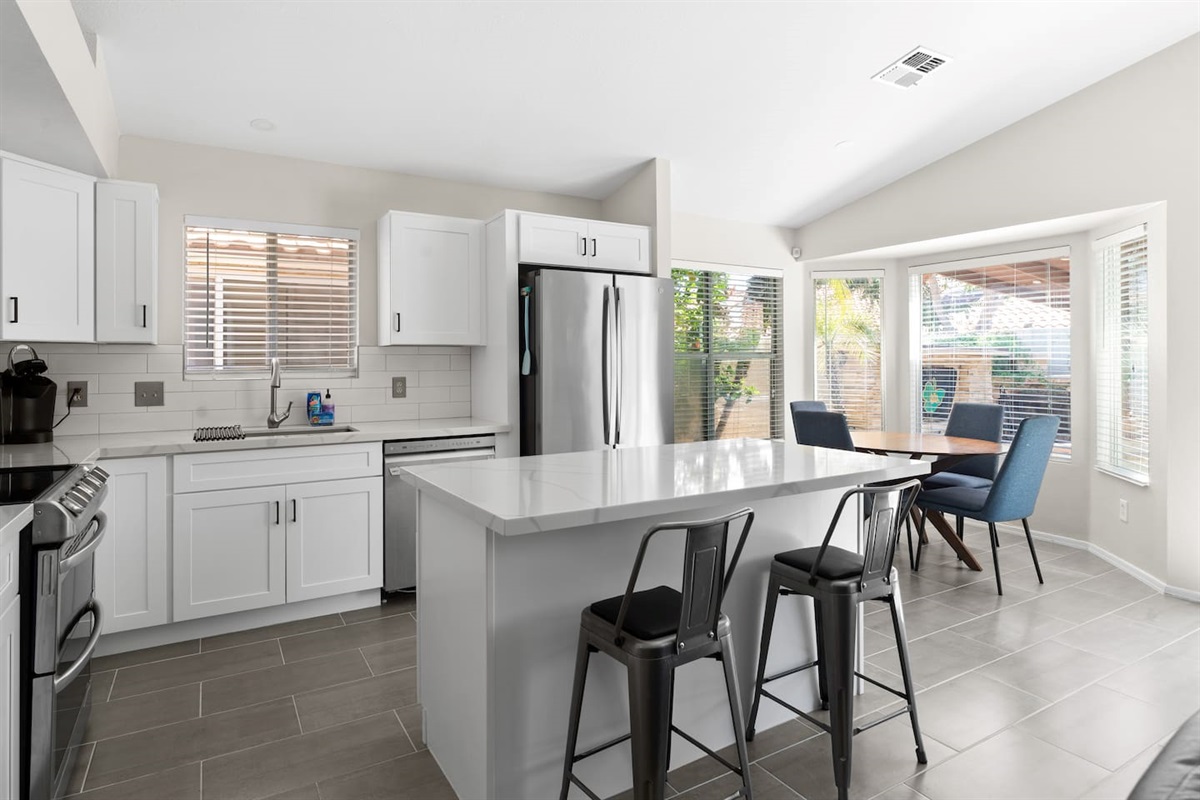 Our kitchen has been remodeled with nice appliances and everything you need to enjoy home cooked meals together.