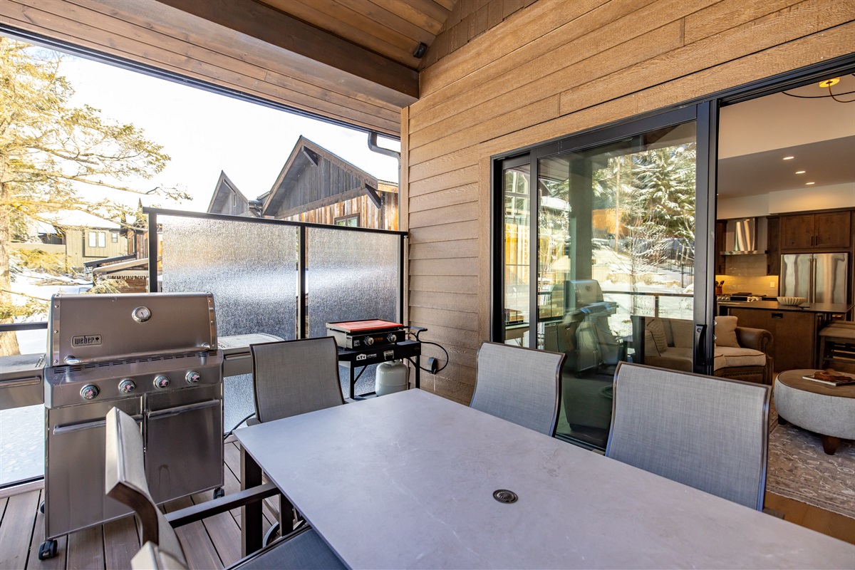 Back deck with a TV, heaters for the winter chill, fans for the summer heat, a bar-b-q, and a flat top!