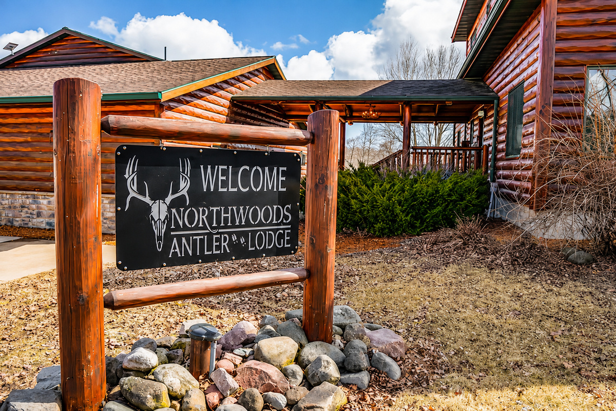 The Northwoods Antler property sign welcomes you to a peaceful Wisconsin getaway surrounded by woods, open space and four season recreation.
