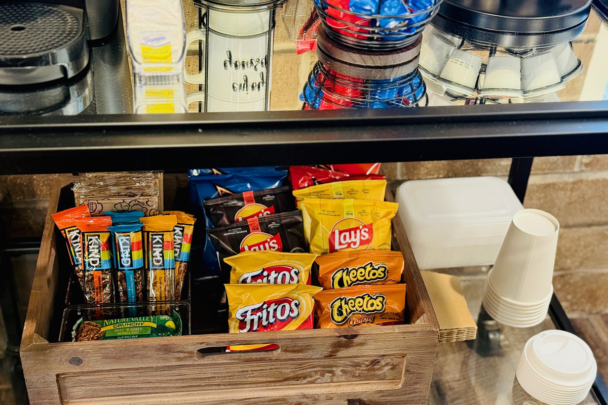Complimentary snacks, coffee supplies, and disposable cups are available throughout your stay.