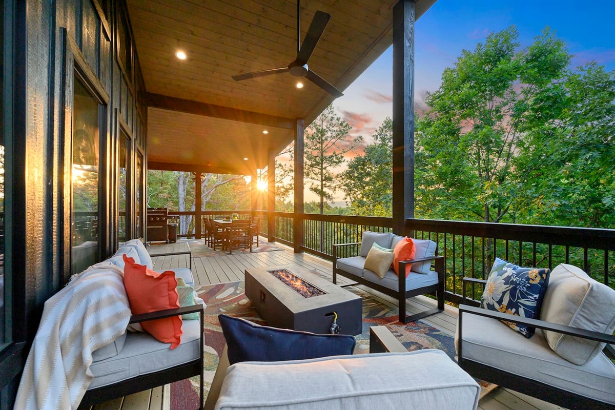 The upper balcony provides some of the most beautiful sunset views around.  Enjoy the gas firepit and comfortable plush seating during a cool evening.