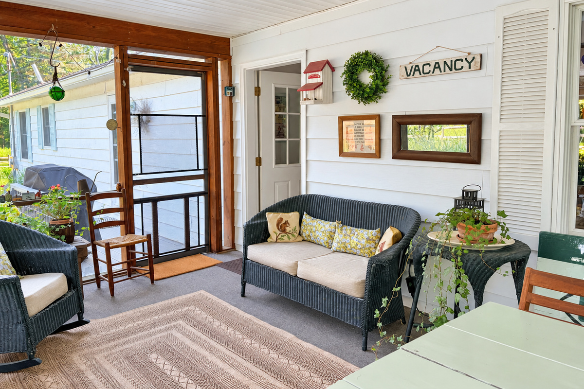 Screened porch seating.