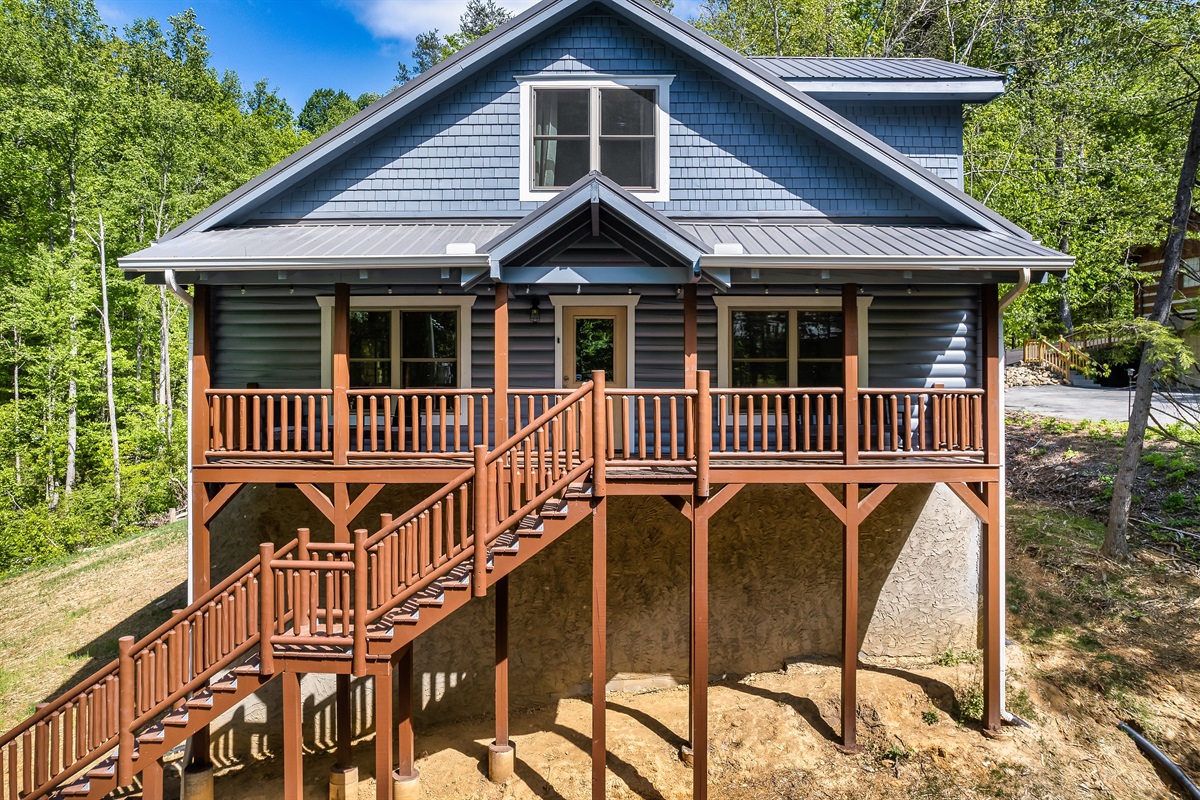 A front view of the cabin. That porch is just asking for you to hang out on it.