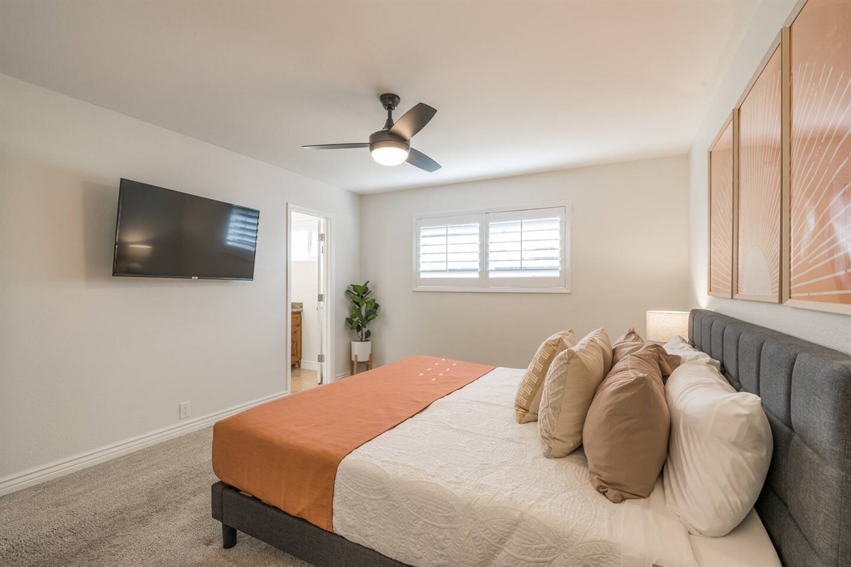 King bed in main bedroom, with ensuite bathroom