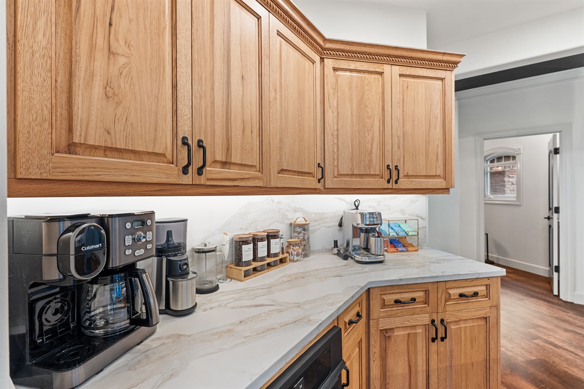 Kitchen coffee bar stocked & ready for you.