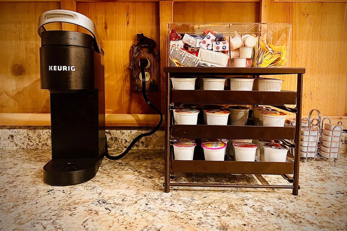 Hot chocolate, cider, tea and both decaf and caf coffee,  Splenda, sugar, coffee creamers of a variety of flavors are for your use. Packets of mustard, ketsup, mayo and sweet pickles, grape, strawberry and marmalade jam are there as well!