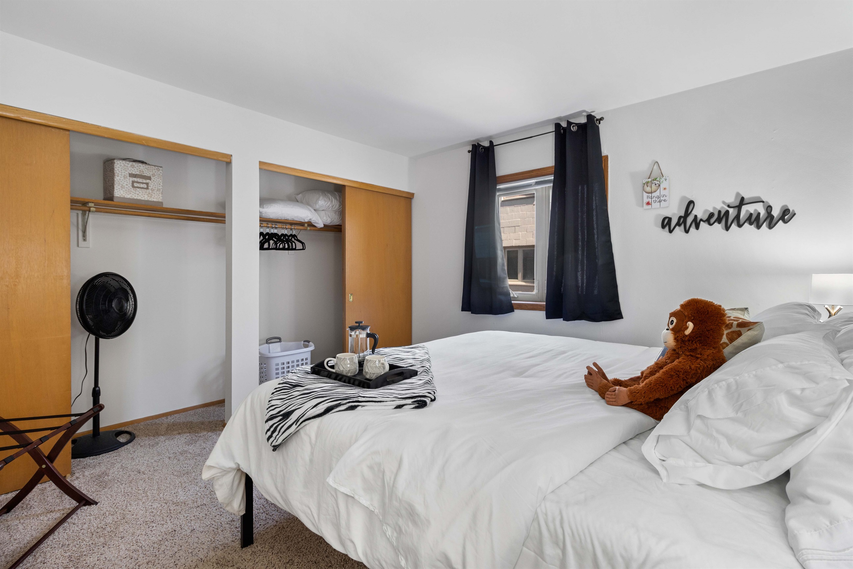 Luggage rack and velvet hangers in ample bedroom closet space. Extra queen bedding for the pullout couch is here in the bedroom closet.