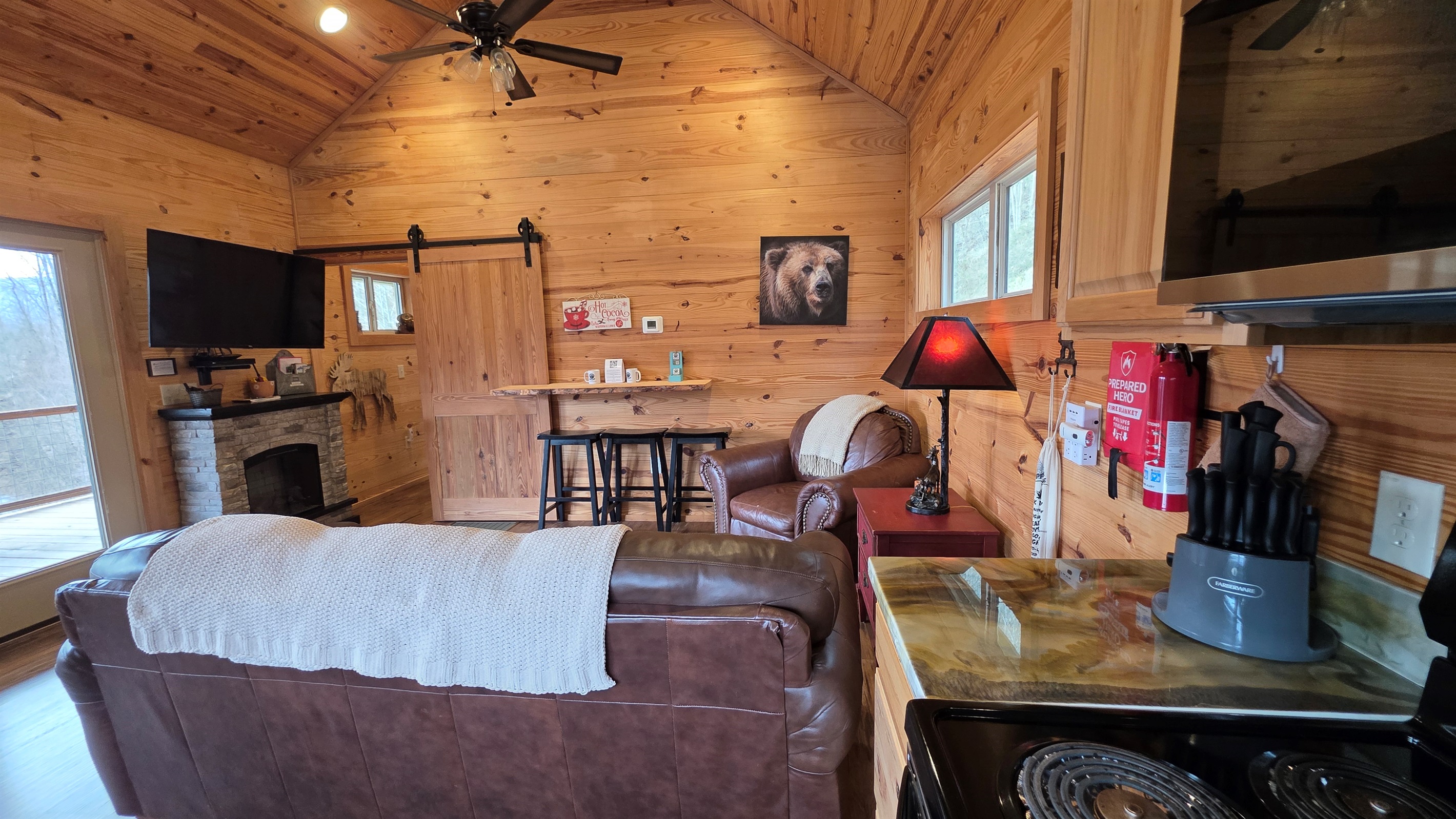 Large TV for streaming and an electric fireplace. 