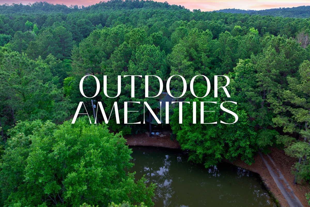 Aerial view of Water’s Edge surrounded by trees and water.