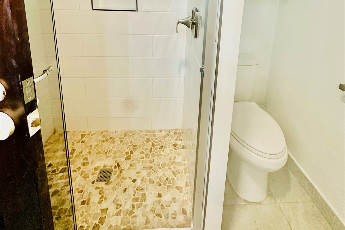Modern stand-up shower with sleek finishes for a refreshing, spa-like experience.