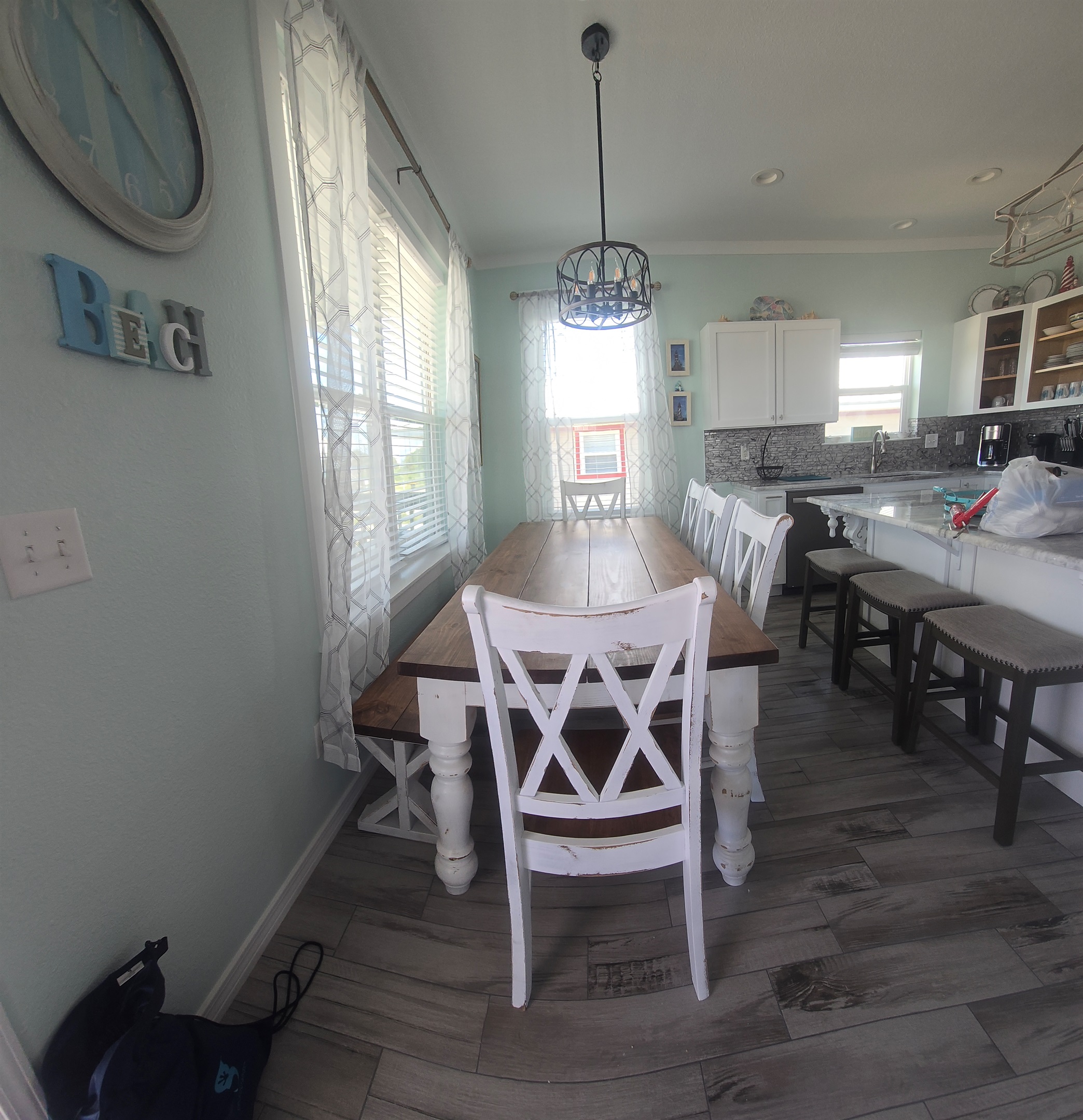 Dining area bench and 5 chairs