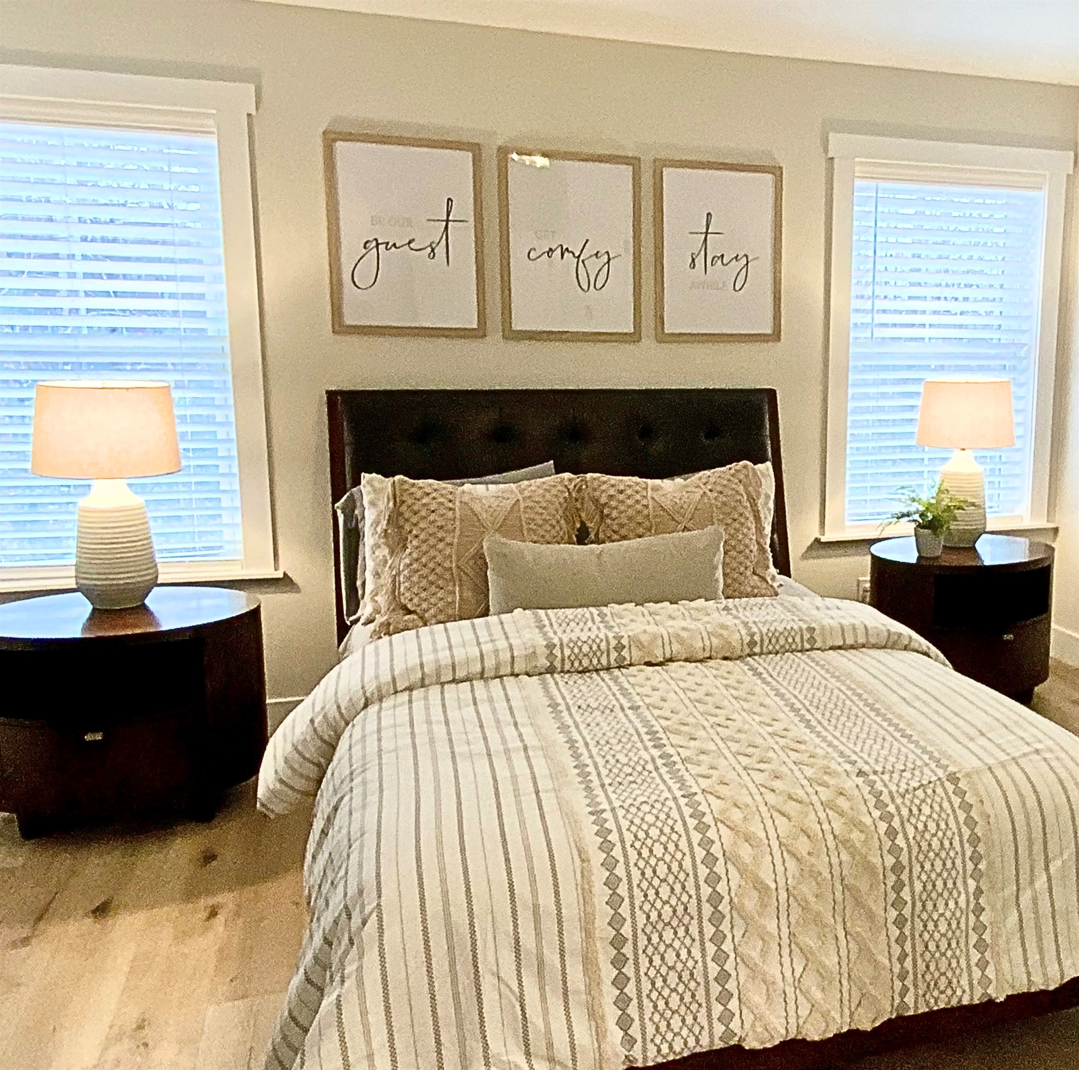 Neutral, boho style bedding and soaring vaulted ceilings! Closet and hangers provided. 