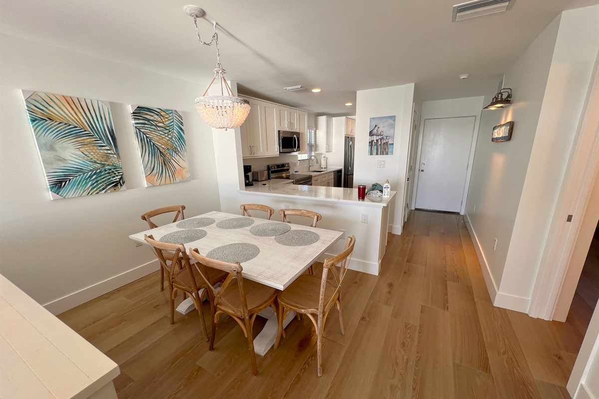 Porcelain tile and Coastal furnishings, east view to entrance. 