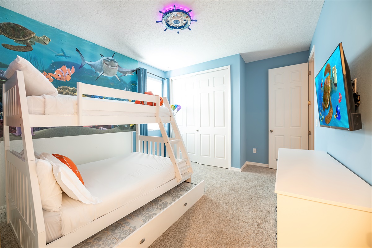 Bedroom 7 is Nemo-themed! with a twin-over-double bunk bed + a double trundle pullout!