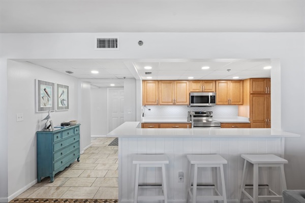 Large kitchen with bar seating