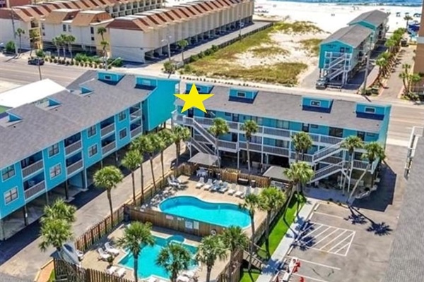 Complex view from above, yellow star is our unit