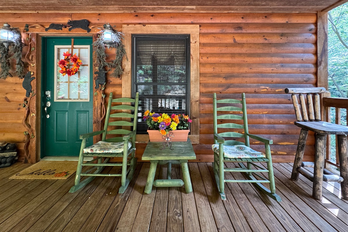 Front porch sittin’ is a common pastime at the cabin