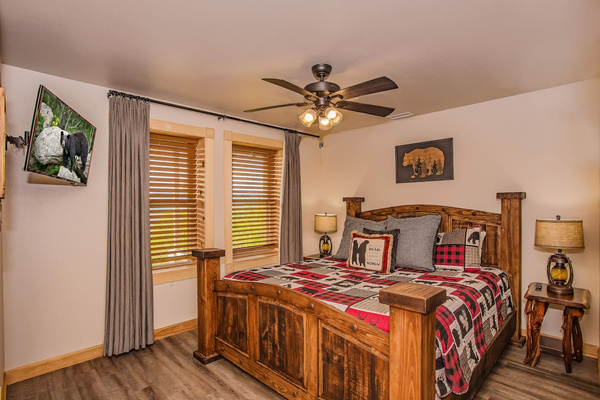 Red Plaid King Bedroom at Splashing at the Bluff: 1 king bed