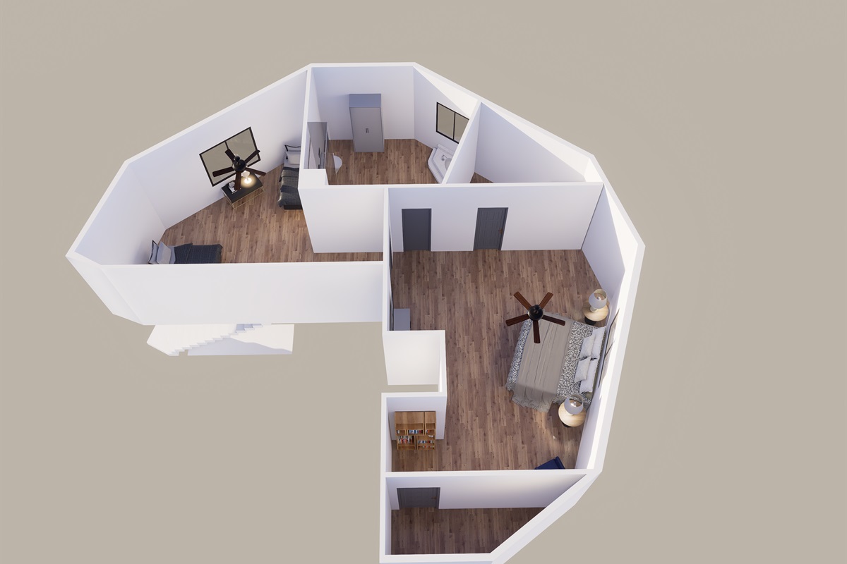 Upper level floor plan with furniture